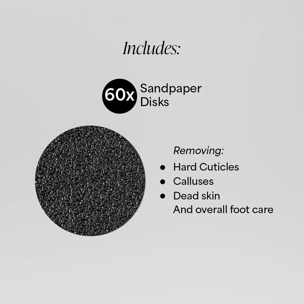 Pink callus remover device with 60 sandpaper disks and 30-day money-back guarantee badge.