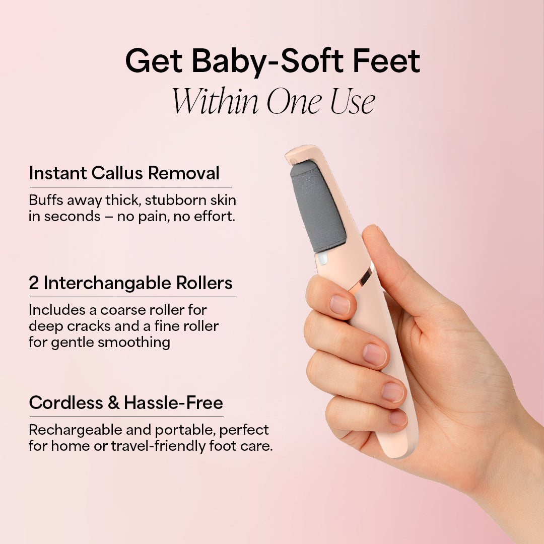 Pink callus remover device with 60 sandpaper disks and 30-day money-back guarantee badge.