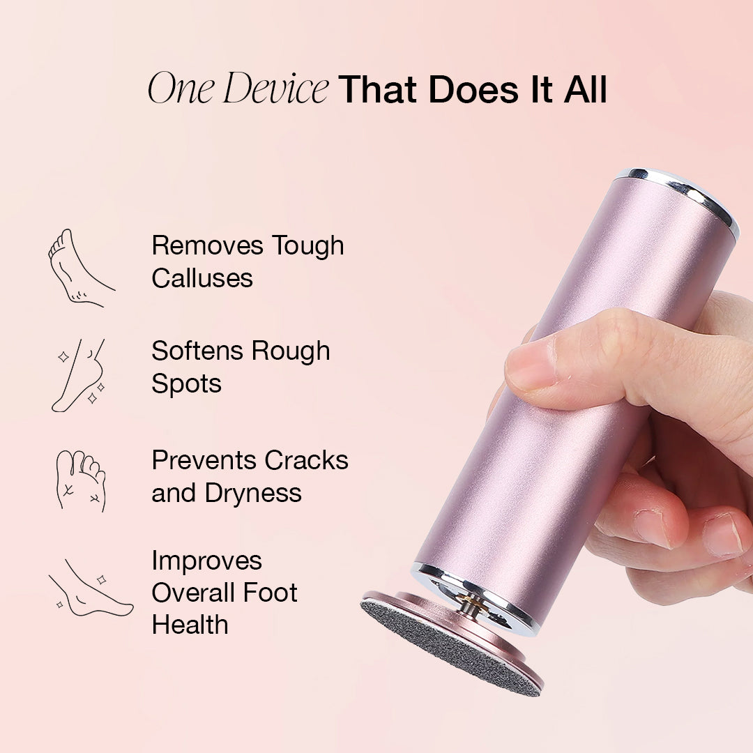 Pink callus remover device with 60 sandpaper disks and 30-day money-back guarantee badge.