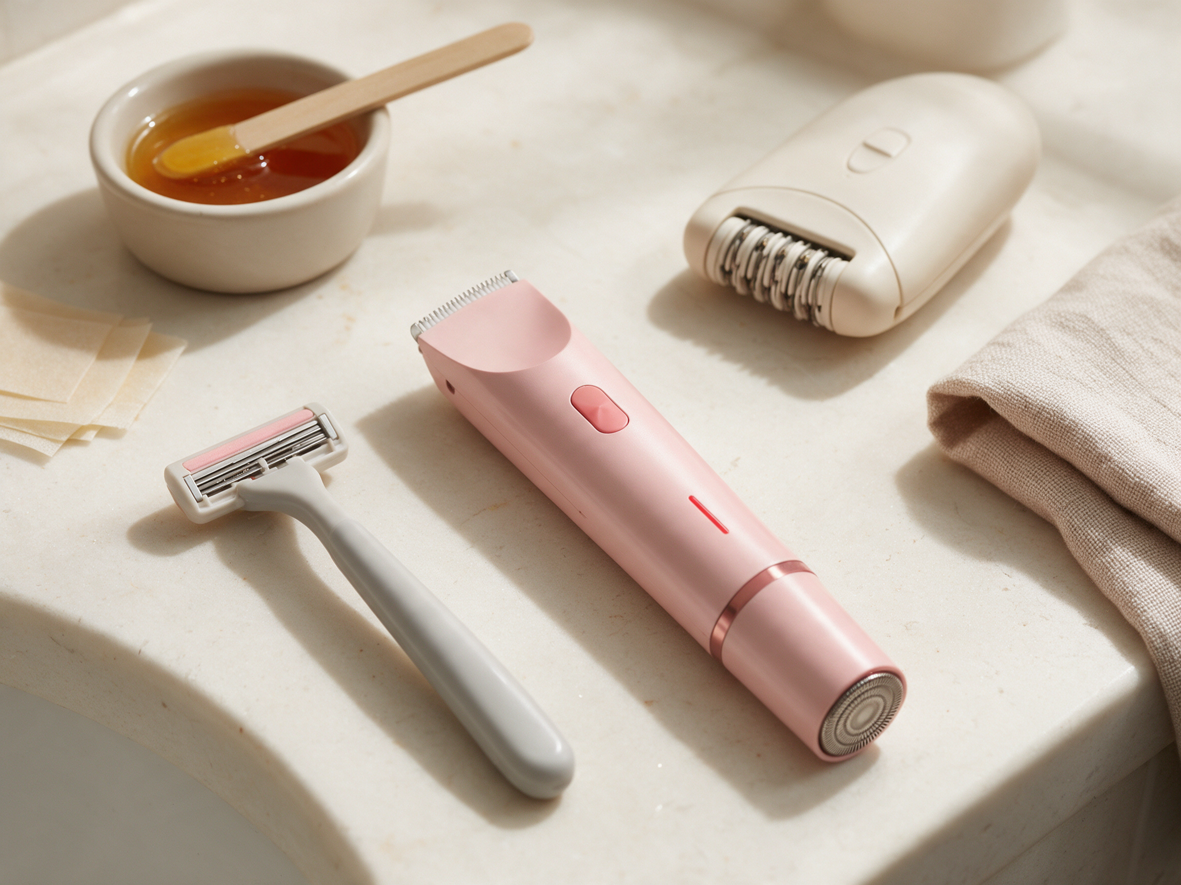 Editorial arrangement of a Dermave trimmer, manual razor, waxing supplies and epilator.