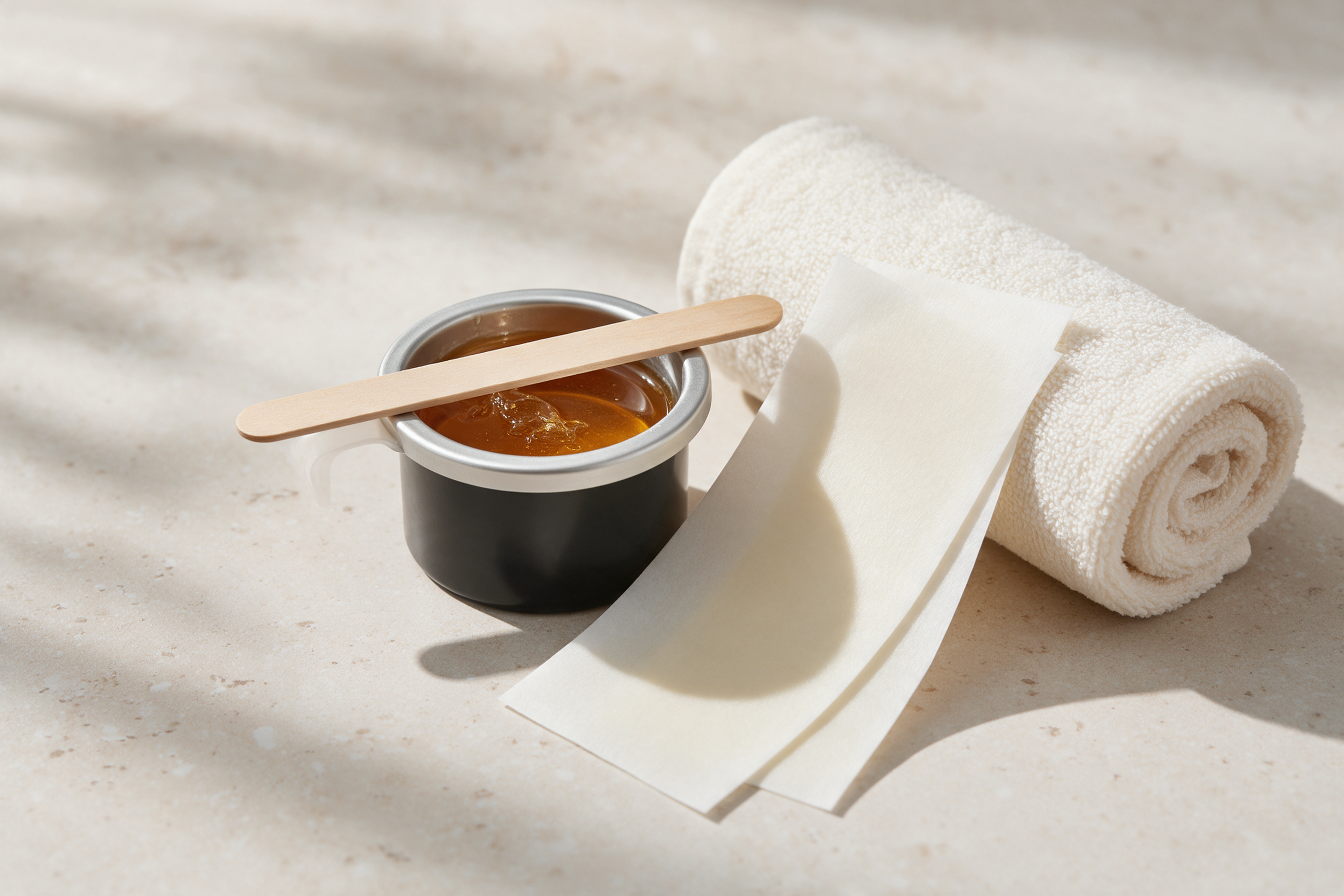 Amber wax, a wooden applicator and a folded towel.