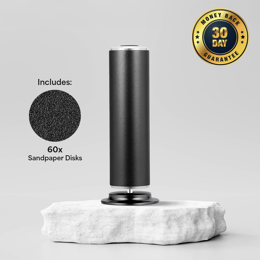 Pink callus remover device with 60 sandpaper disks and 30-day money-back guarantee badge.