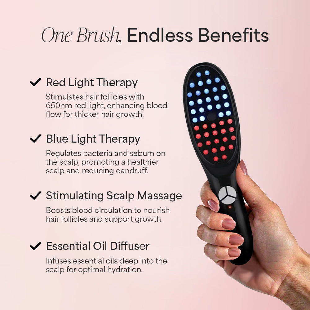 Modern handheld beauty device with indicator lights and a 30-day guarantee badge.