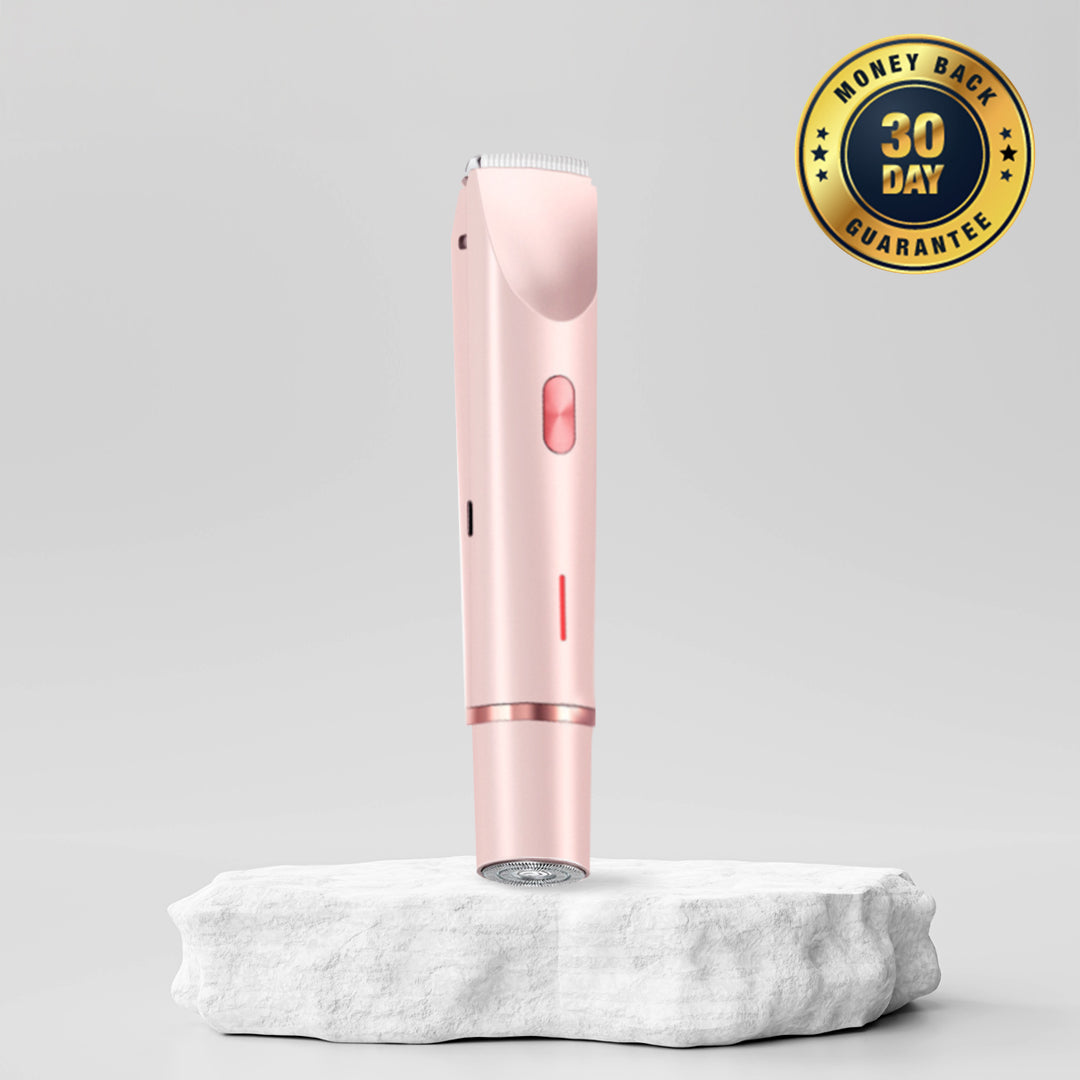 Modern handheld beauty device with indicator lights and a 30-day guarantee badge.
