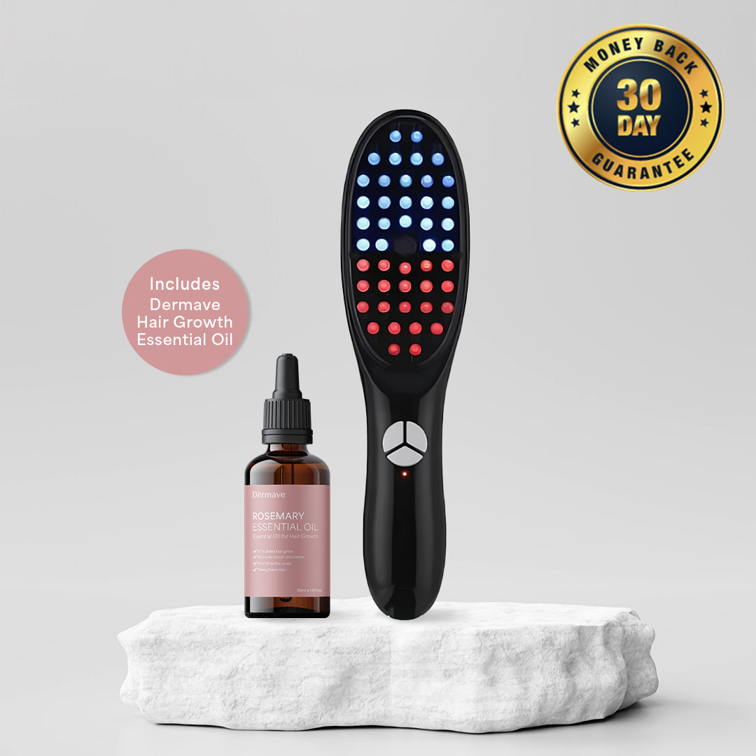 Modern handheld beauty device with indicator lights and a 30-day guarantee badge.