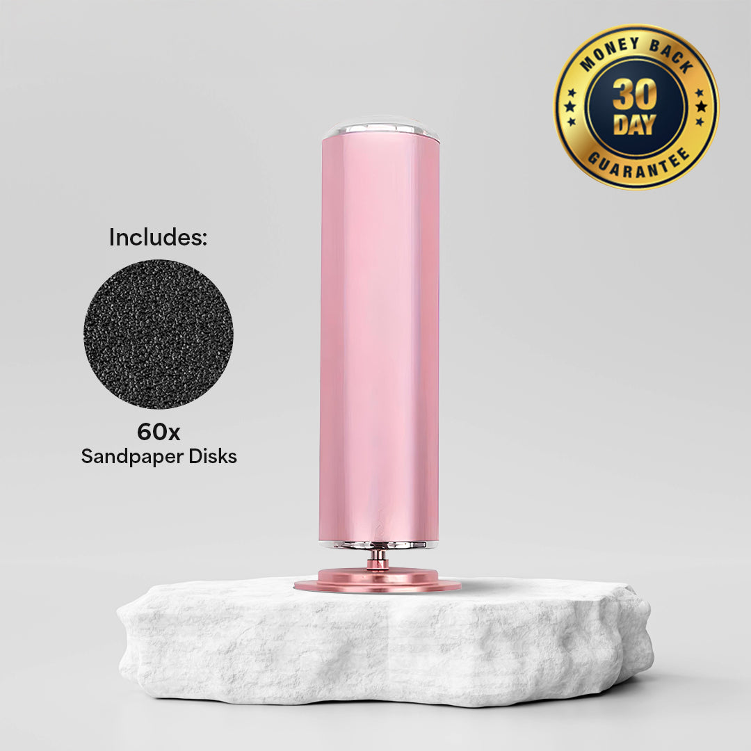 Pink callus remover device with 60 sandpaper disks and 30-day money-back guarantee badge.