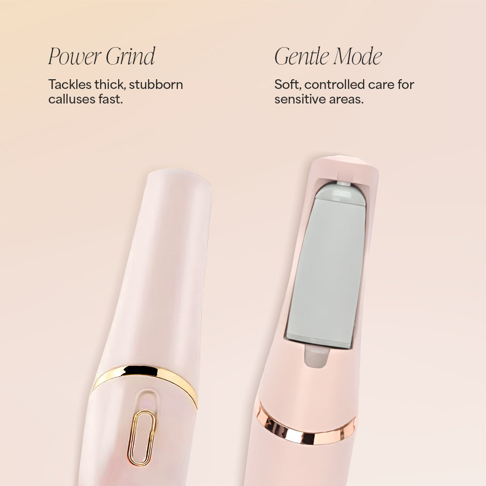 Pink callus remover device with 60 sandpaper disks and 30-day money-back guarantee badge.