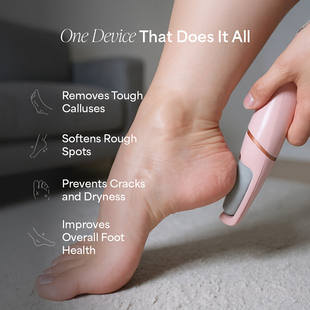 Pink callus remover device with 60 sandpaper disks and 30-day money-back guarantee badge.