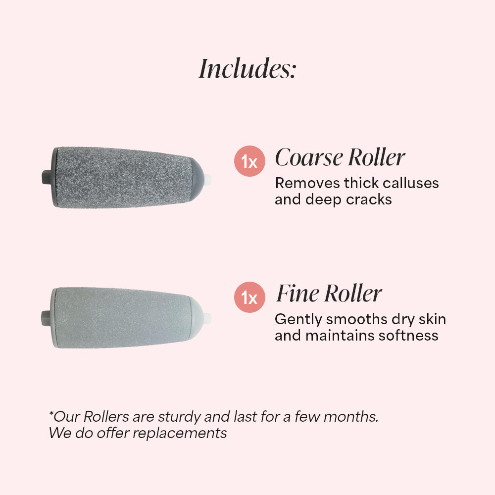 Pink callus remover device with 60 sandpaper disks and 30-day money-back guarantee badge.