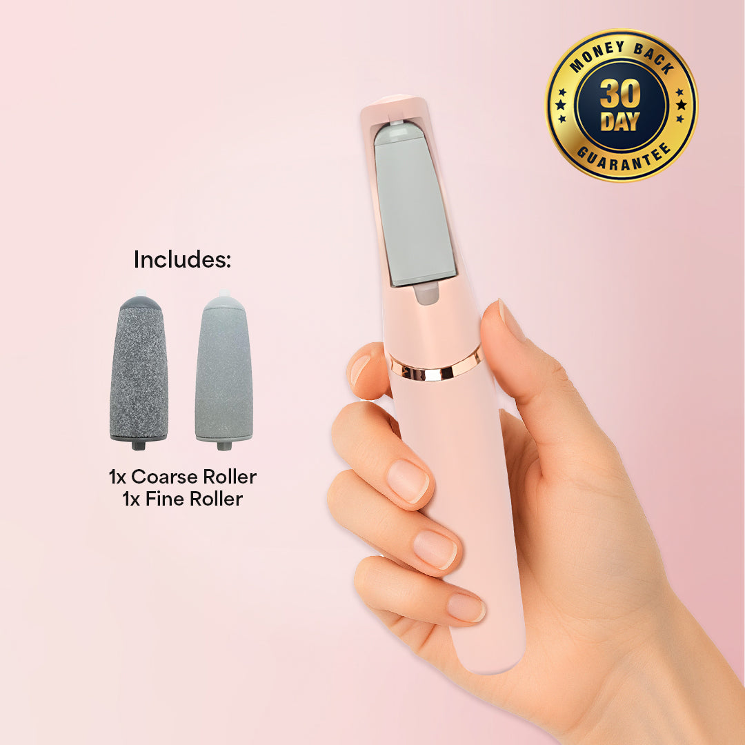 Pink callus remover device with 60 sandpaper disks and 30-day money-back guarantee badge.