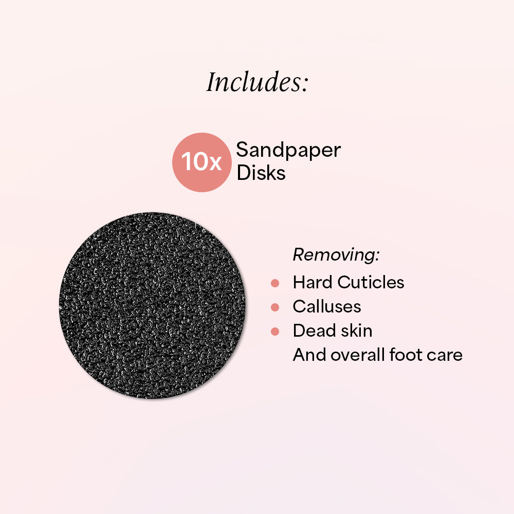 Pink callus remover device with 60 sandpaper disks and 30-day money-back guarantee badge.