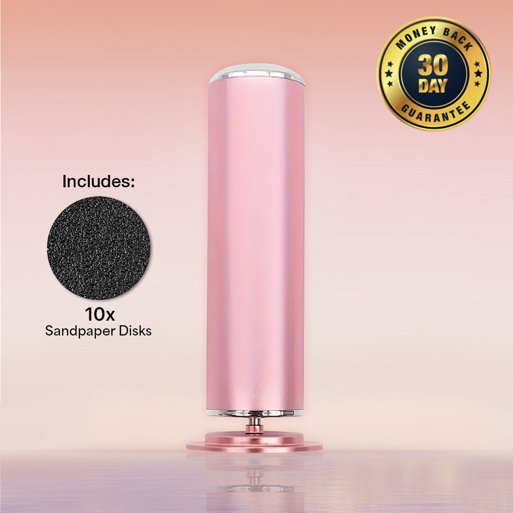 Pink callus remover device with 60 sandpaper disks and 30-day money-back guarantee badge.