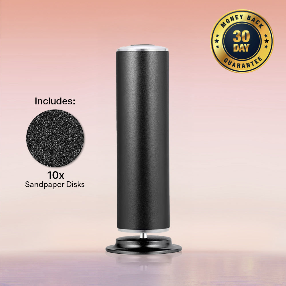 Pink callus remover device with 60 sandpaper disks and 30-day money-back guarantee badge.