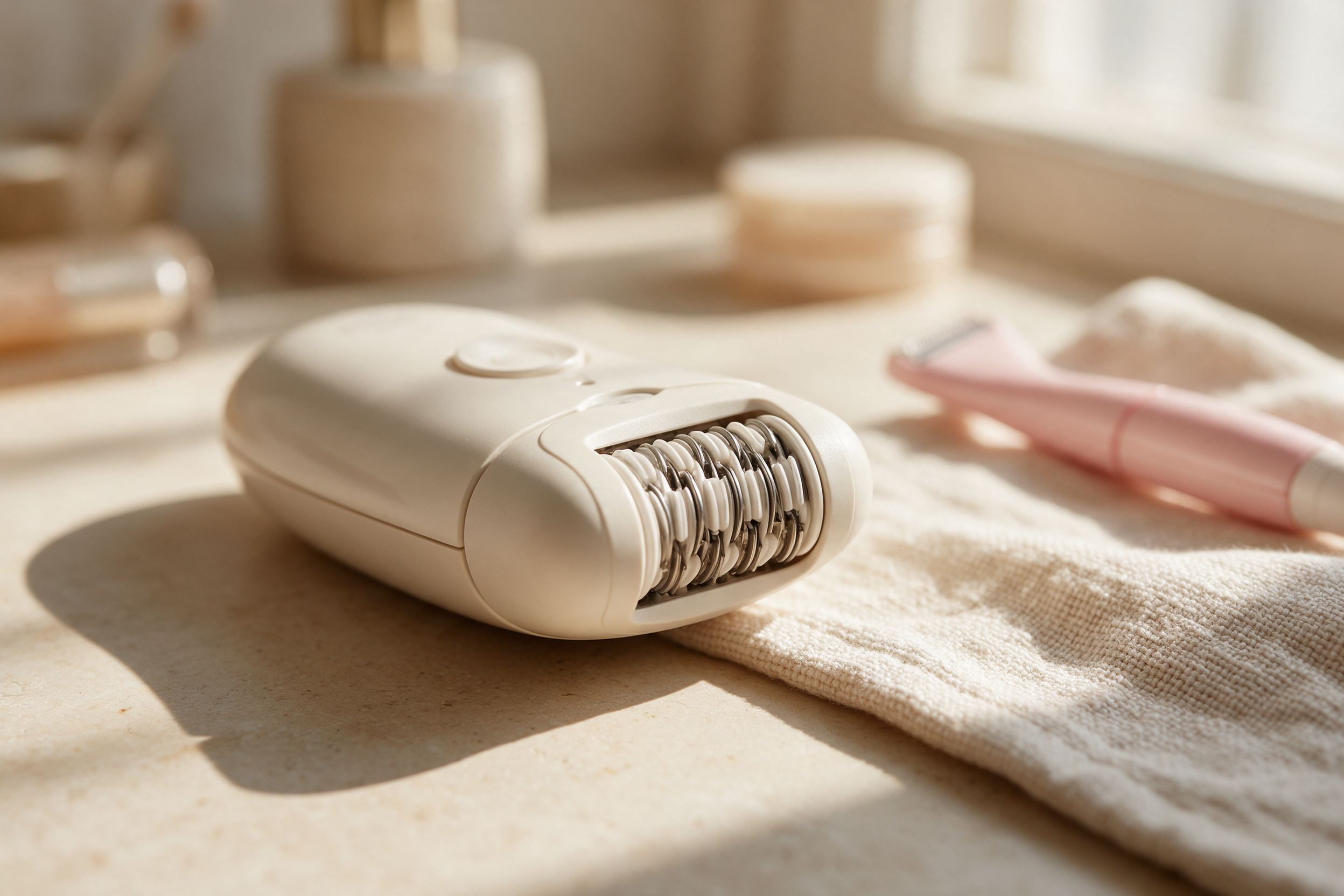 An electric epilator with a rotating tweezer head.