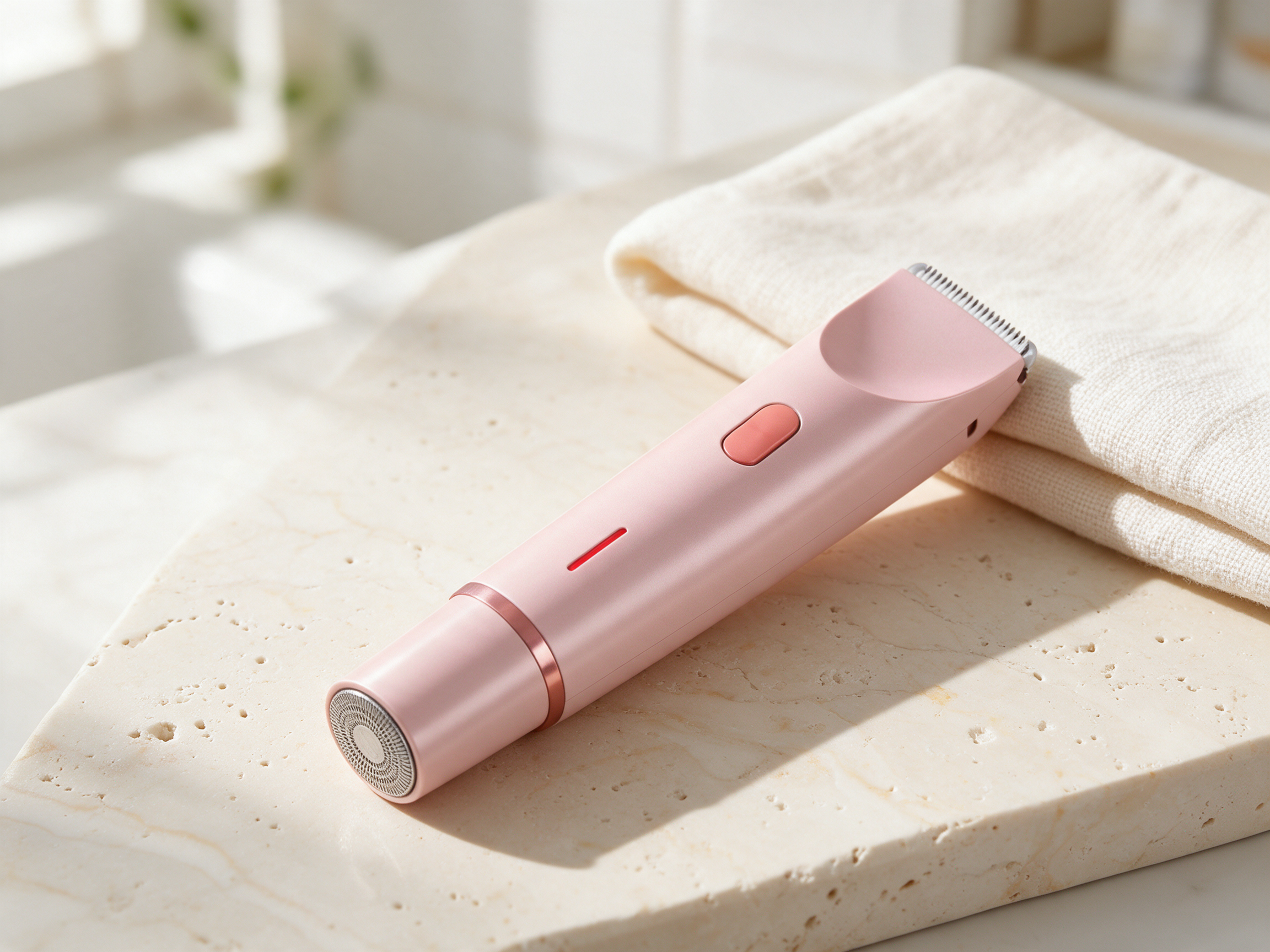 Dermave Trimmer 2.0, pink, showing the trimming and finishing heads.